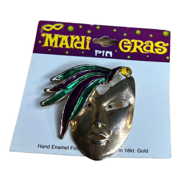 Vintage Mardi Gras Face Mask Brooch/Pin 18kt Gold Hand Painted - Picture 1 of 2